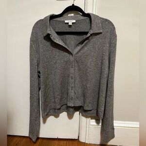 Ann Taylor Collared Button-Up Long Sleeve Top, Heathered Gray Knit Fabric NWT XL